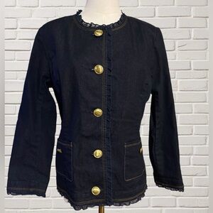 Joan Rivers Dark Wash Denim Jacket Ruffle Trim Gold Button Classic Style Size 8